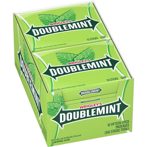 WRIGLEY'S DOUBLEMINT Mint Gum Chewing Gum Bulk Pack, 15 Stick (Pack of 10) - Picture 1 of 3